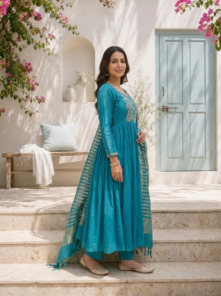 Rama Muslin Solid With Palm Tree Embroidered Three Piece Set