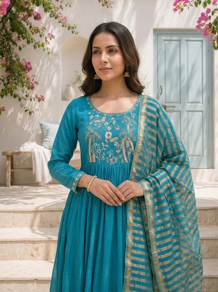 Rama Muslin Solid With Palm Tree Embroidered Three Piece Set