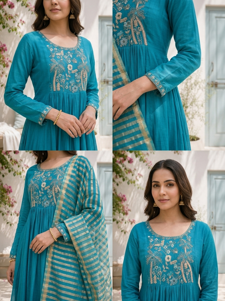 Rama Muslin Solid With Palm Tree Embroidered Three Piece Set