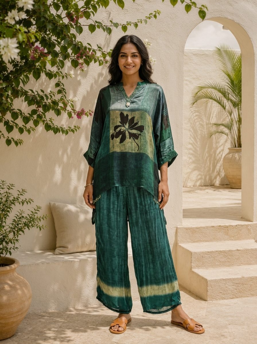 Bottle Green Crepe Abstract Color Block And Leaf Motif Printed Two Piece Set