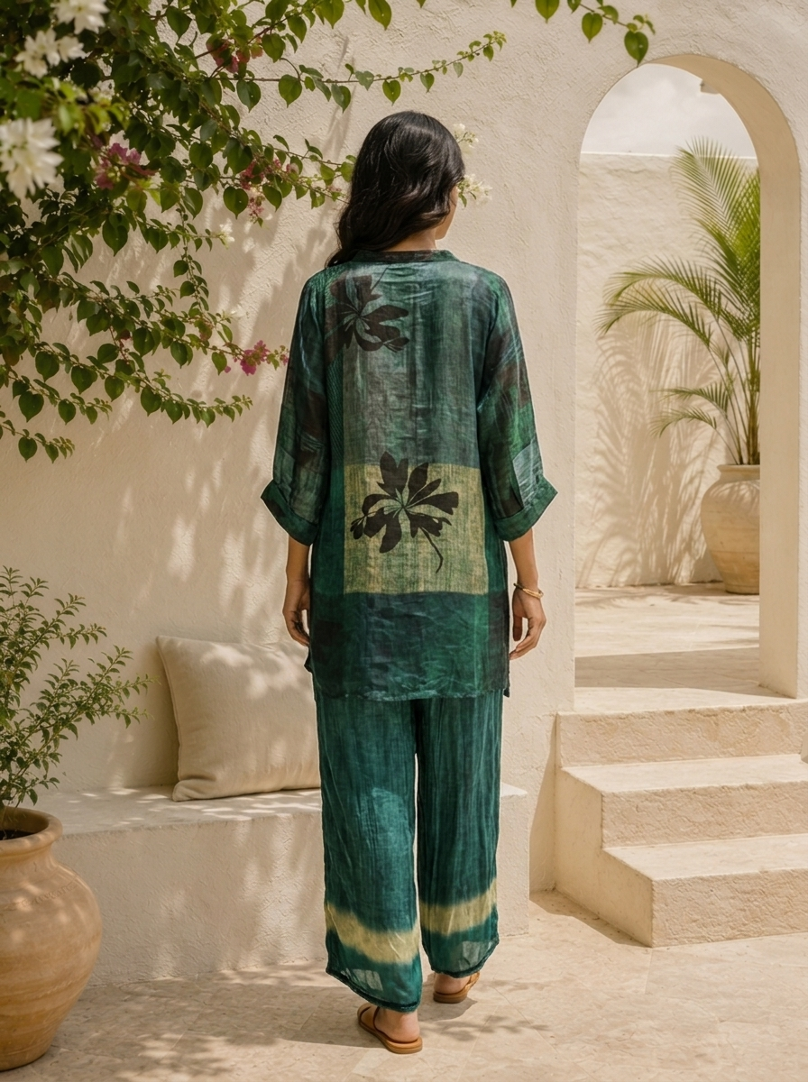 Bottle Green Crepe Abstract Color Block And Leaf Motif Printed Two Piece Set
