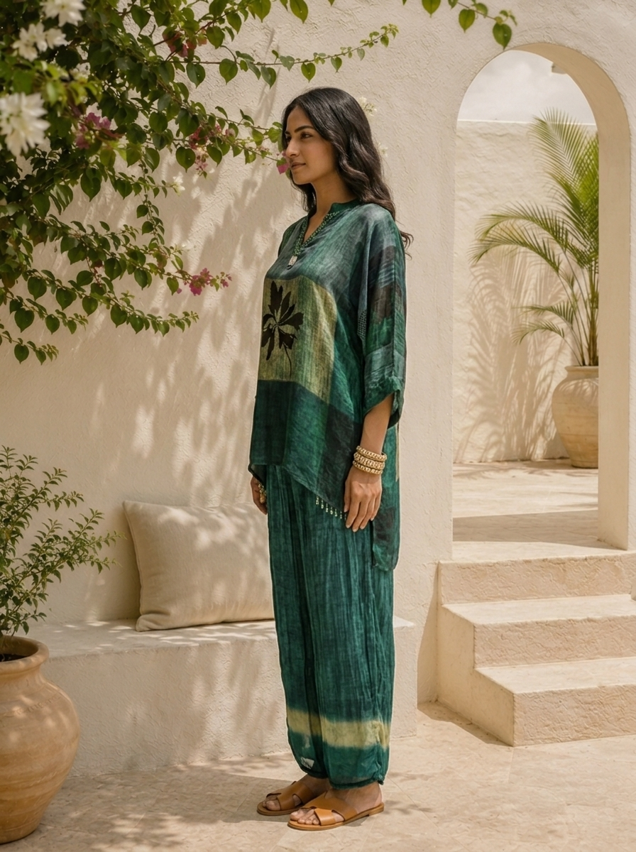 Bottle Green Crepe Abstract Color Block And Leaf Motif Printed Two Piece Set