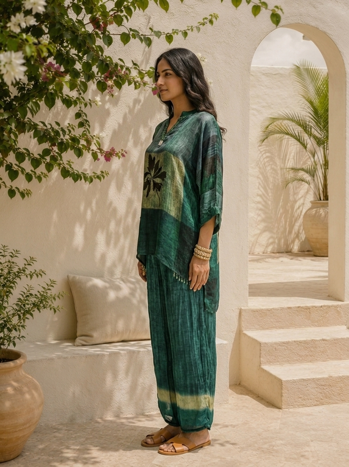 Bottle Green Crepe Abstract Color Block And Leaf Motif Printed Two Piece Set