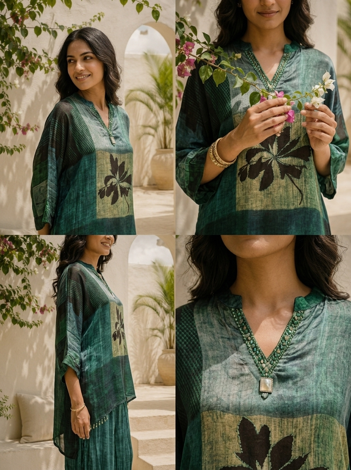 Bottle Green Crepe Abstract Color Block And Leaf Motif Printed Two Piece Set