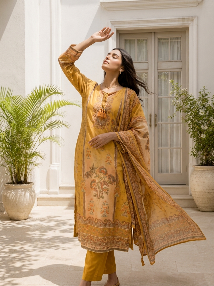 Mustard Muslin Ethnic Motif Printed Three Piece Set
