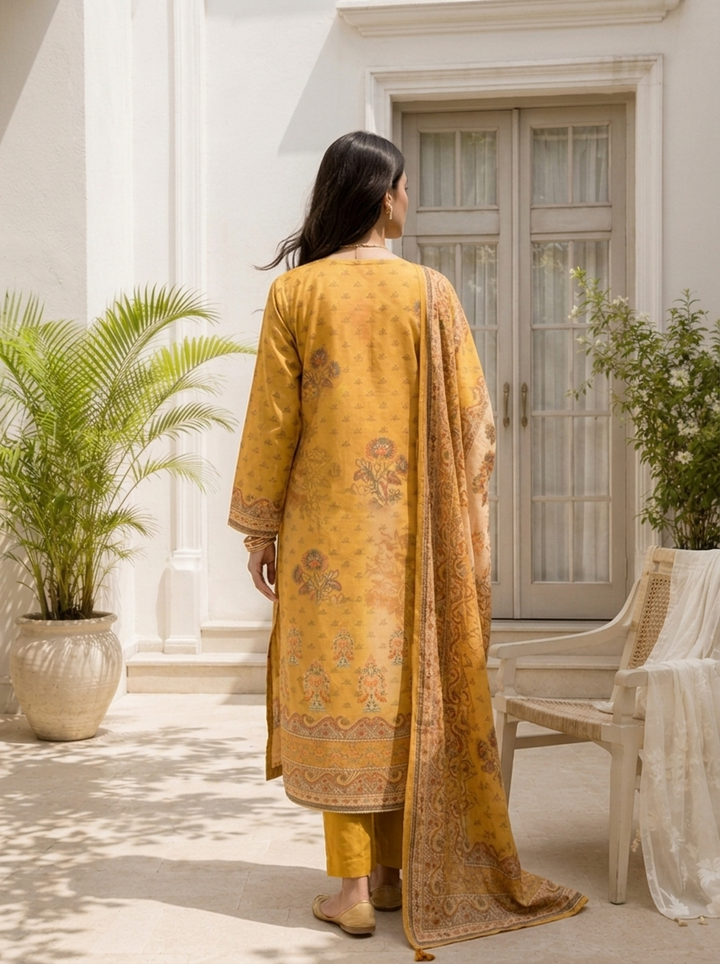 Mustard Muslin Ethnic Motif Printed Three Piece Set
