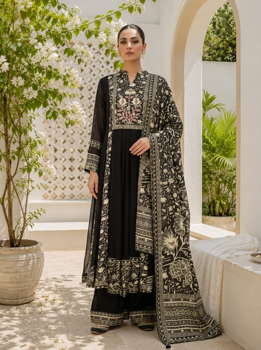 Black Georgette Botanical Printed Three Piece Set
