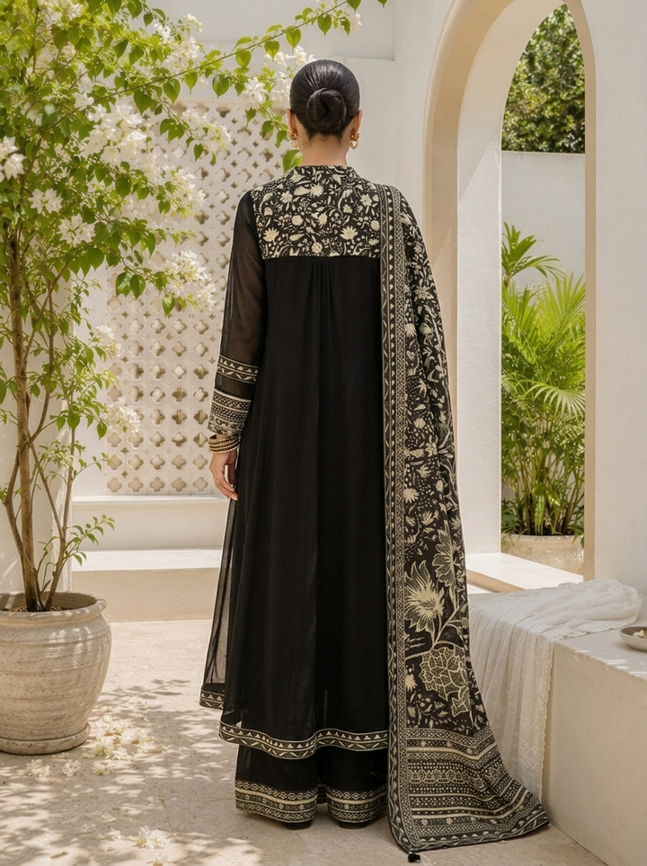 Black Georgette Botanical Printed Three Piece Set