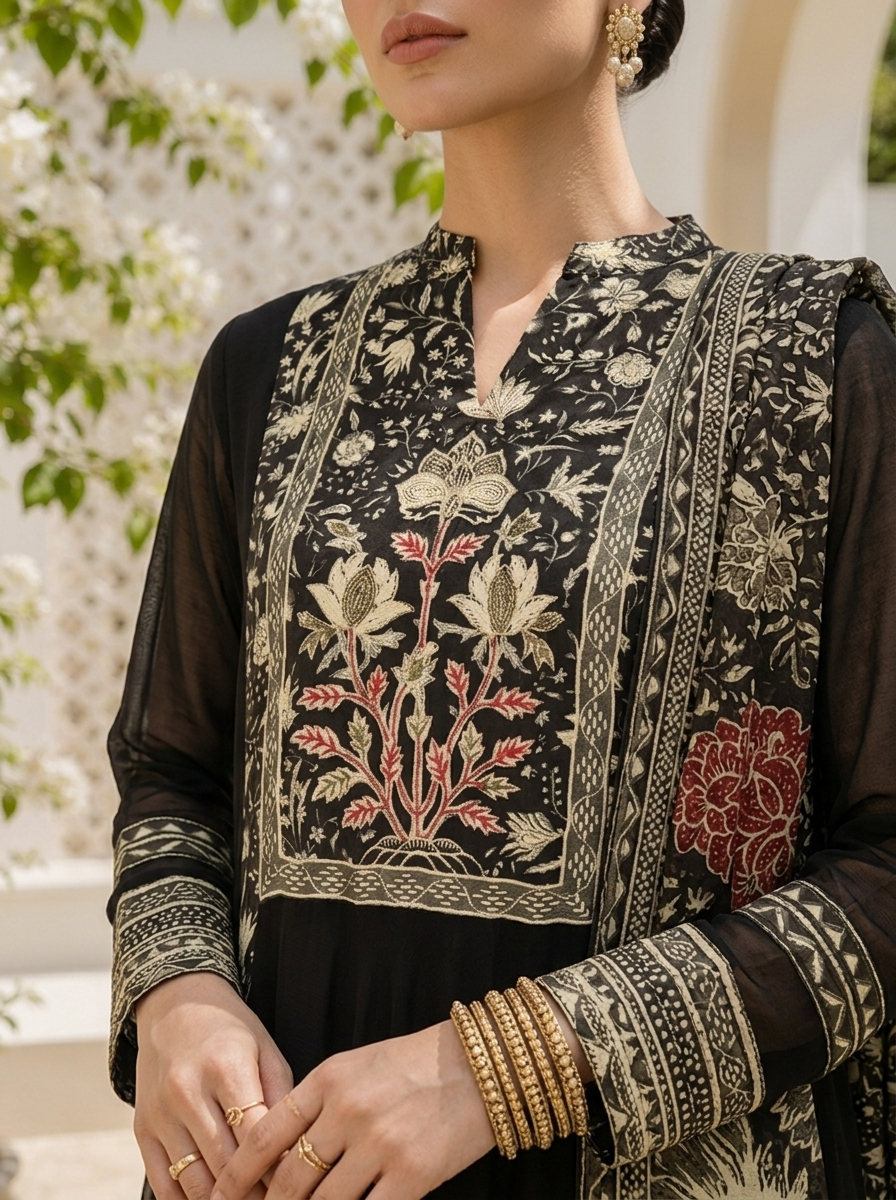 Black Georgette Botanical Printed Three Piece Set