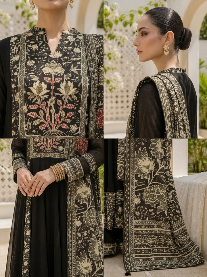 Black Georgette Botanical Printed Three Piece Set