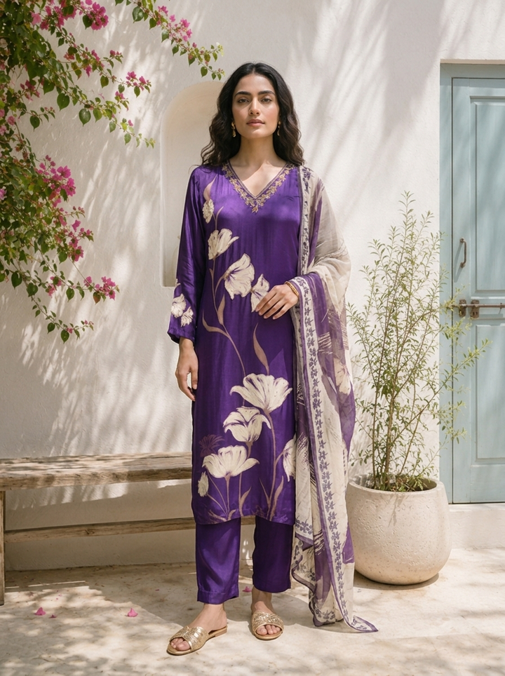Purple Crepe Floral Printed Three Piece Set