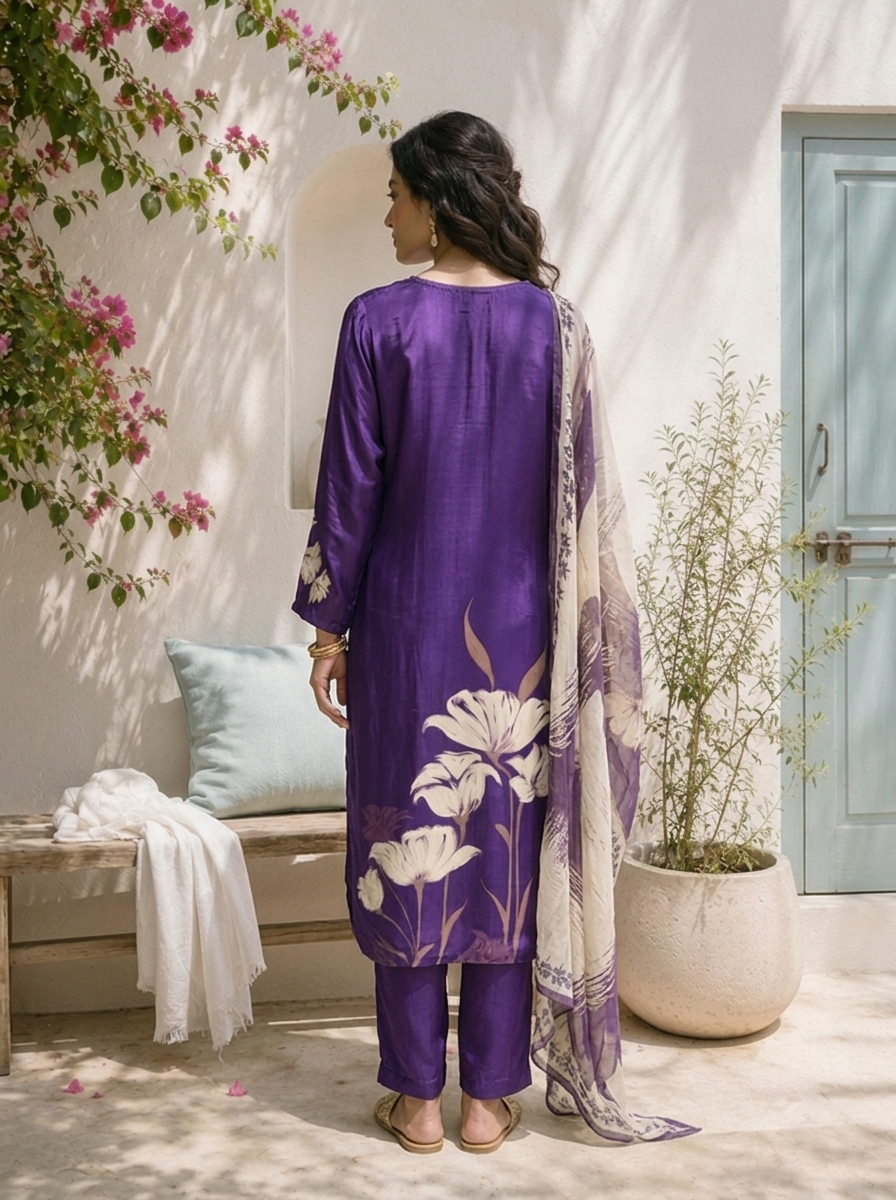 Purple Crepe Floral Printed Three Piece Set