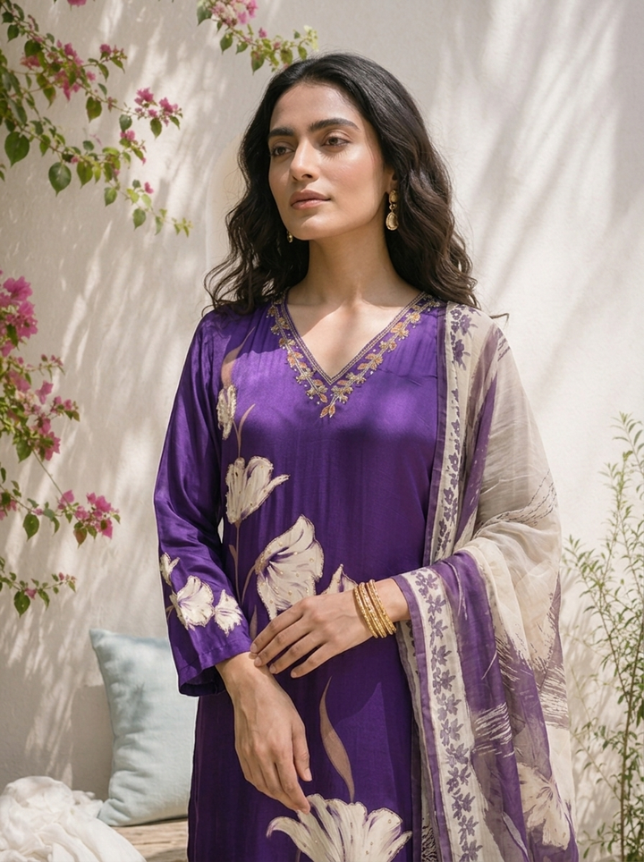 Purple Crepe Floral Printed Three Piece Set
