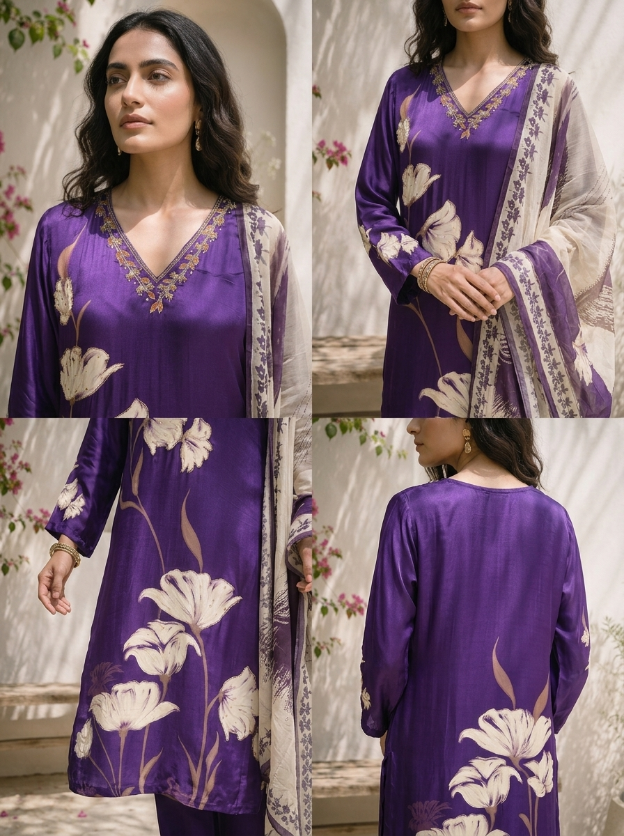 Purple Crepe Floral Printed Three Piece Set