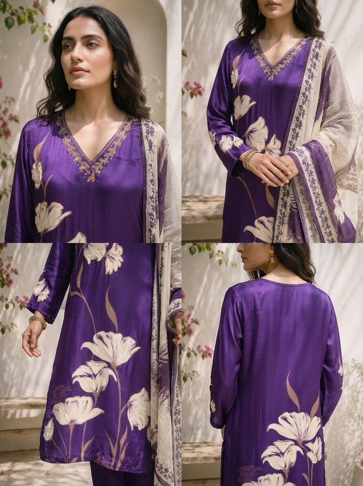 Purple Crepe Floral Printed Three Piece Set