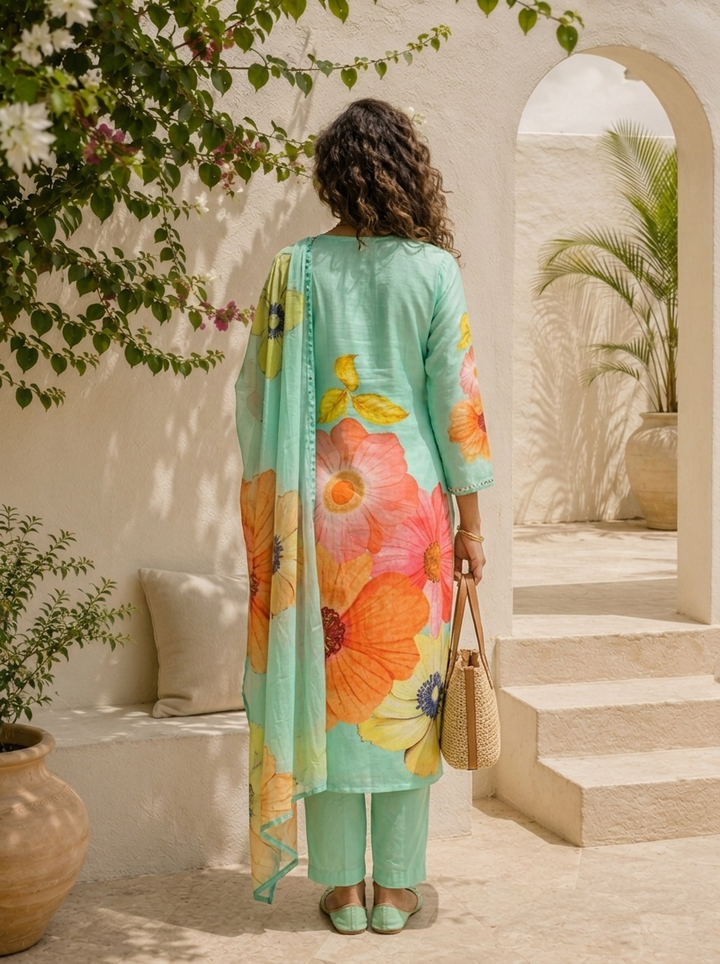 Sea Green Linen Large Floral Printed Three Piece Set