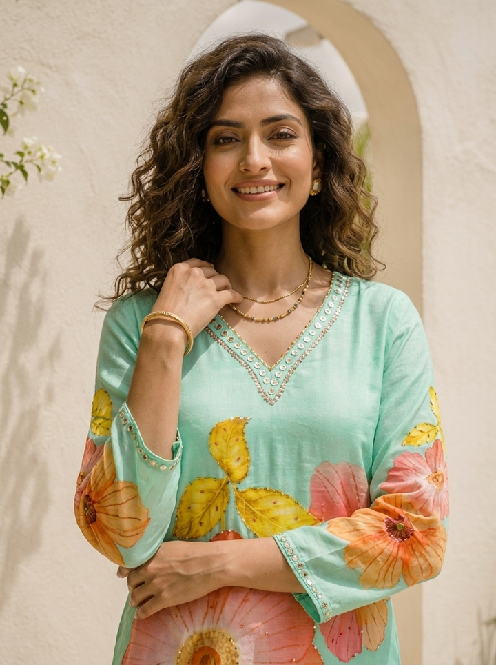 Sea Green Linen Large Floral Printed Three Piece Set
