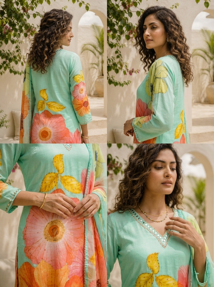 Sea Green Linen Large Floral Printed Three Piece Set