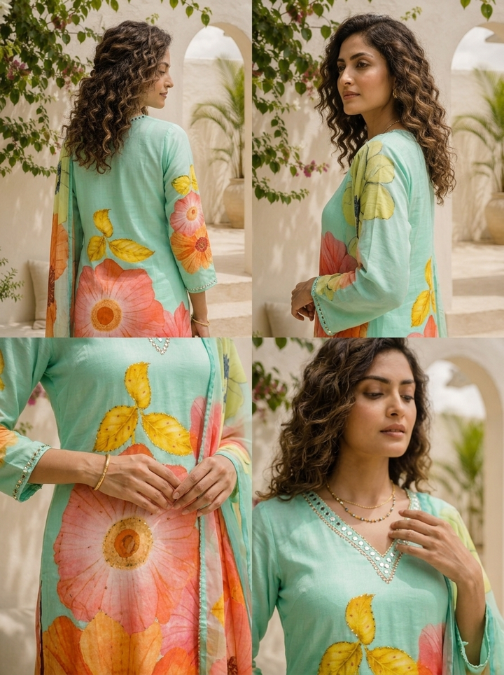 Sea Green Linen Large Floral Printed Three Piece Set