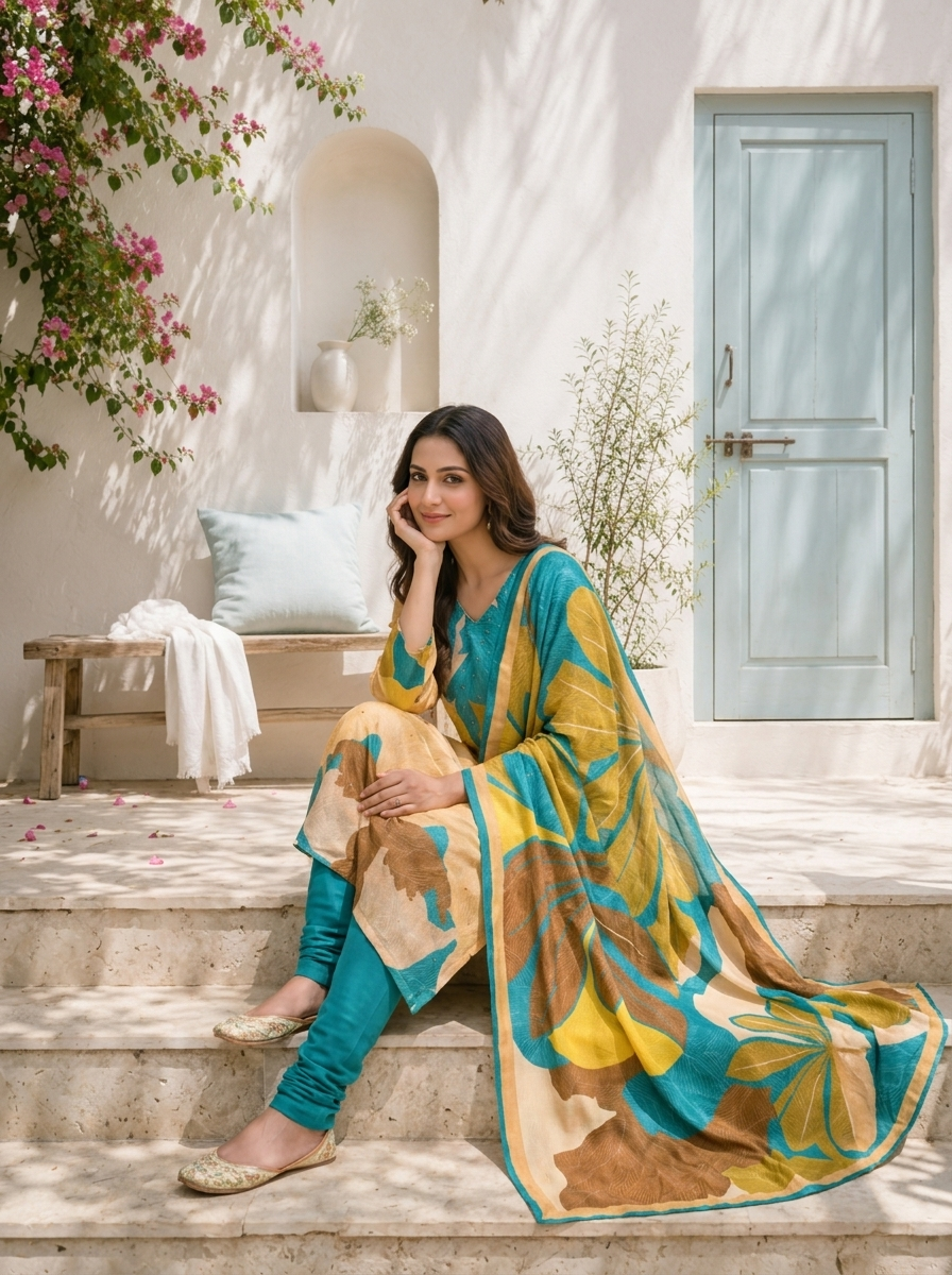 Ferozi Silk Abstract Leaf Printed Three Piece Set