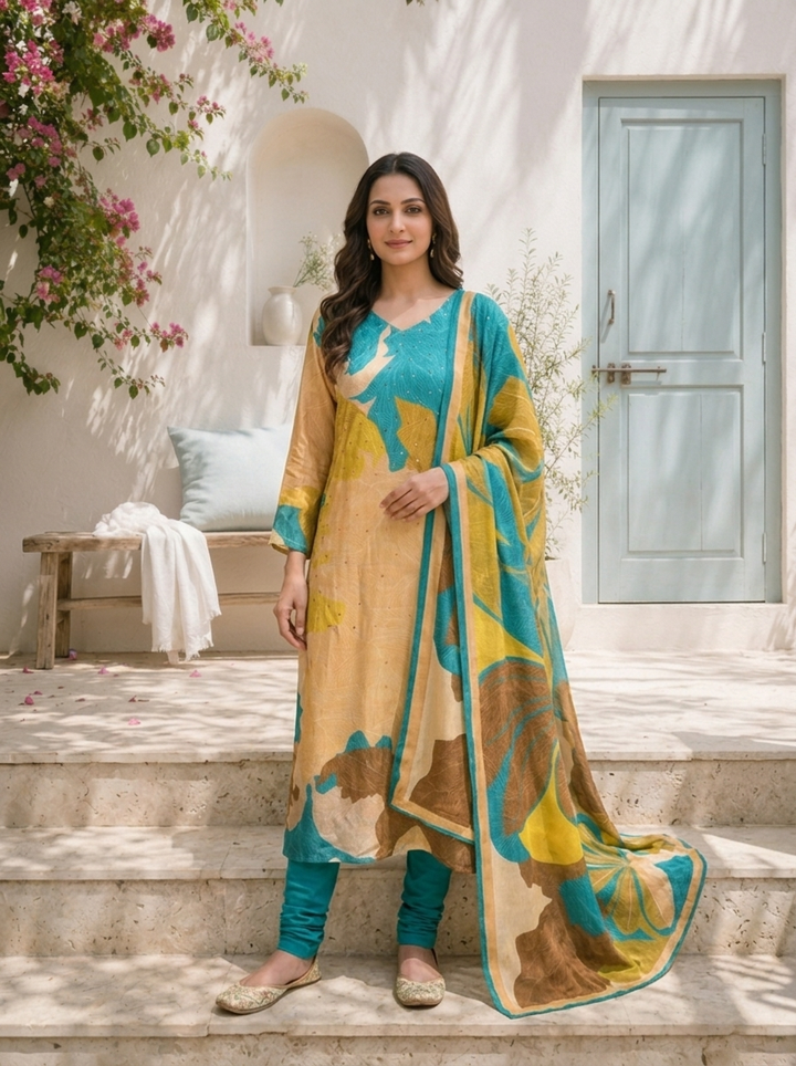Ferozi Silk Abstract Leaf Printed Three Piece Set