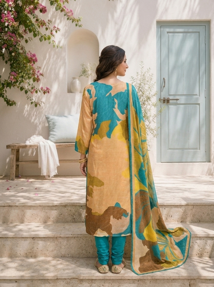 Ferozi Silk Abstract Leaf Printed Three Piece Set