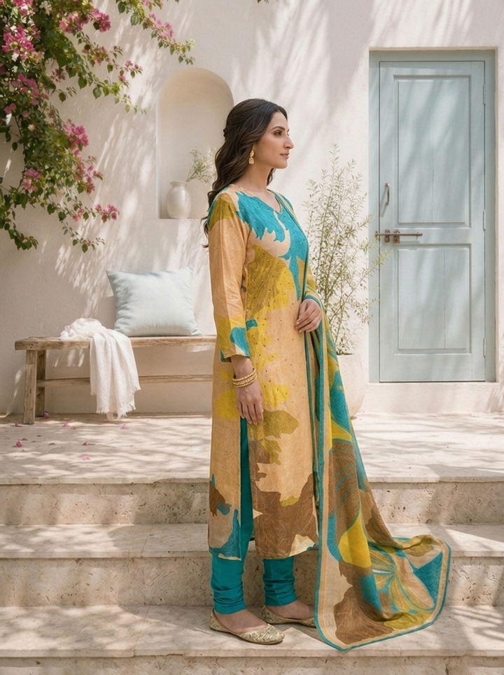 Ferozi Silk Abstract Leaf Printed Three Piece Set