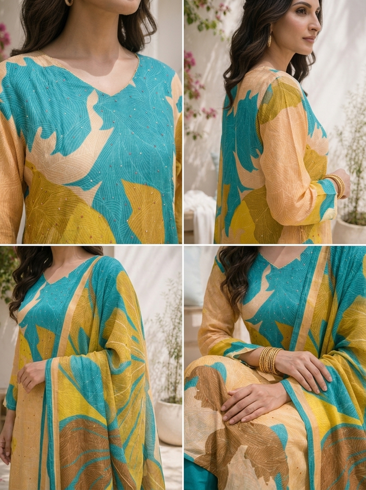 Ferozi Silk Abstract Leaf Printed Three Piece Set