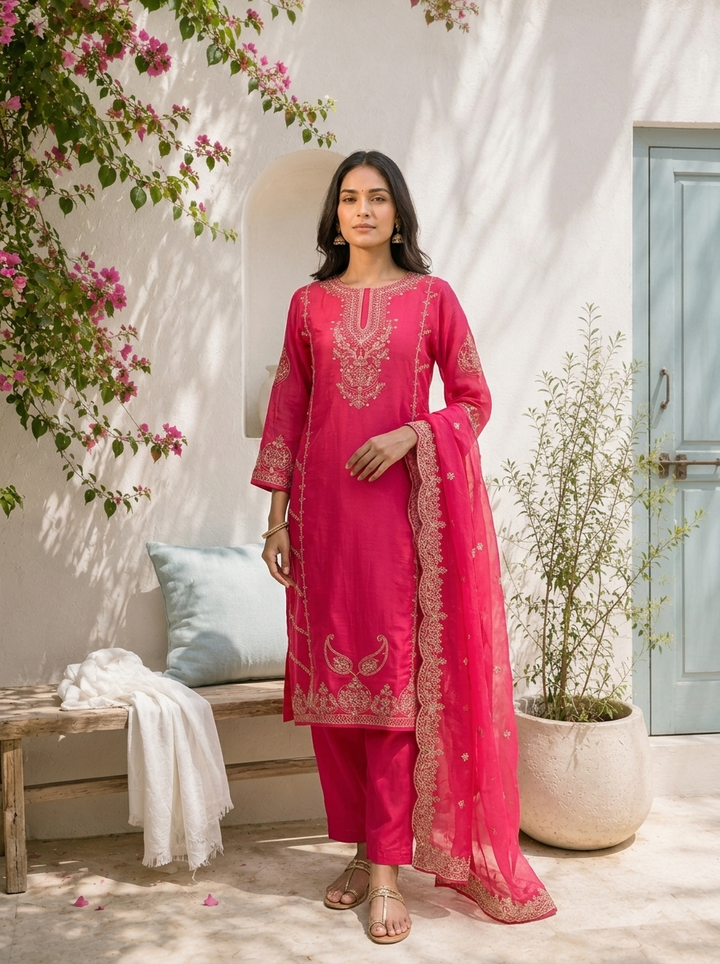 Rani Pink Silk Paisley With Side Panel Embroidered Three Piece Set