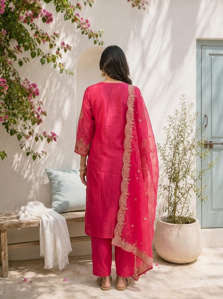 Rani Pink Silk Paisley With Side Panel Embroidered Three Piece Set