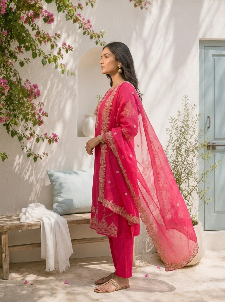 Rani Pink Silk Paisley With Side Panel Embroidered Three Piece Set