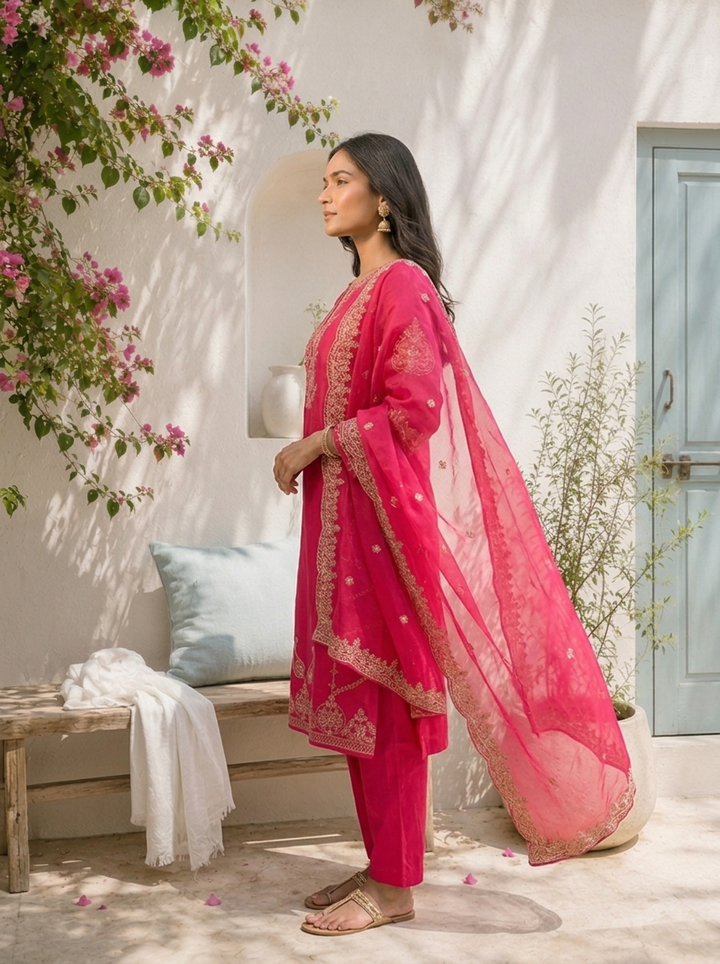 Rani Pink Silk Paisley With Side Panel Embroidered Three Piece Set