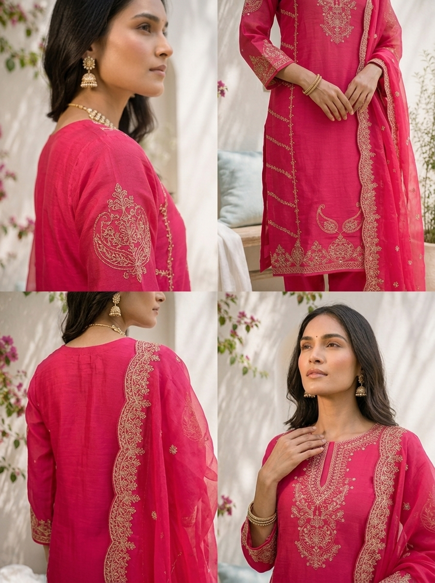 Rani Pink Silk Paisley With Side Panel Embroidered Three Piece Set
