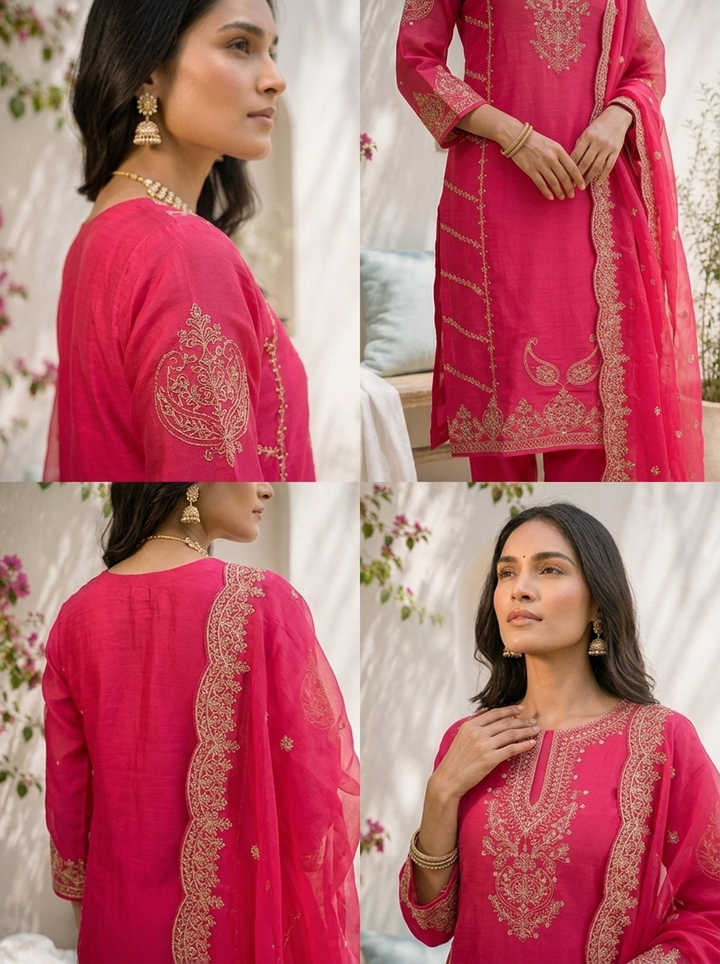 Rani Pink Silk Paisley With Side Panel Embroidered Three Piece Set