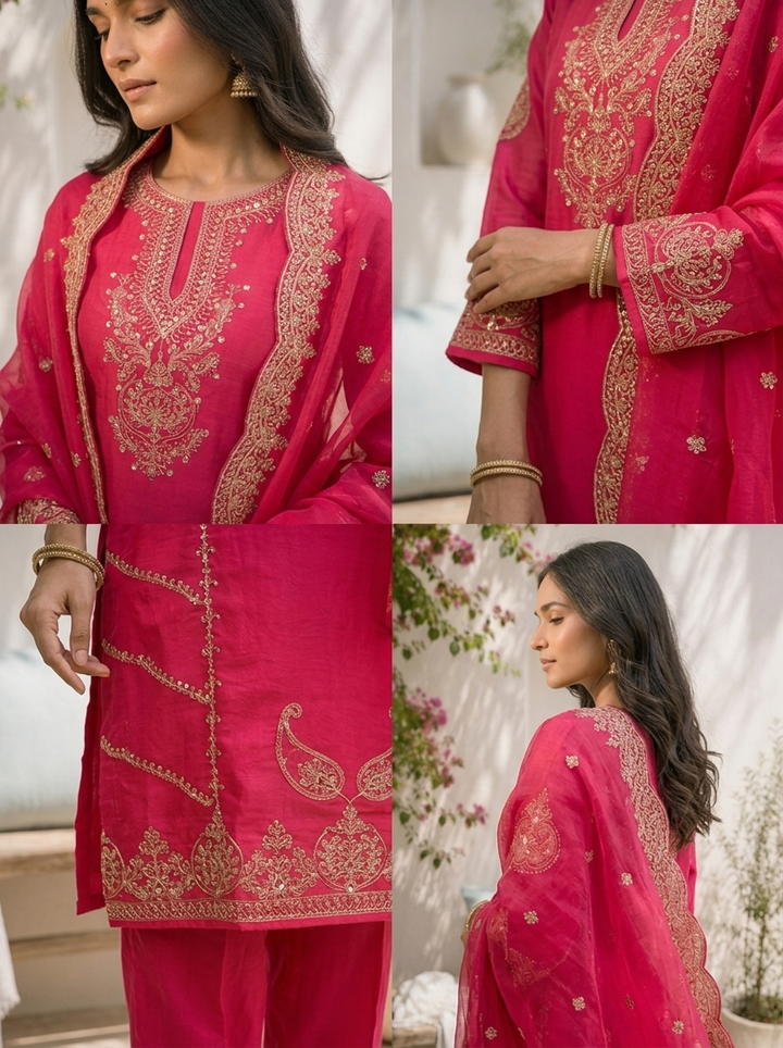 Rani Pink Silk Paisley With Side Panel Embroidered Three Piece Set