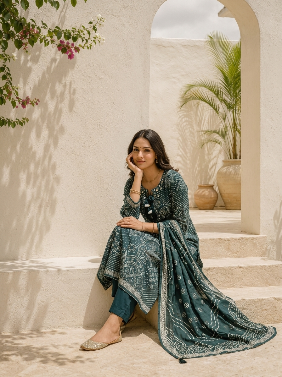 Bottle Green Chinon Bandhani Printed Three Piece Set