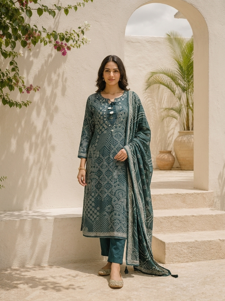 Bottle Green Chinon Bandhani Printed Three Piece Set