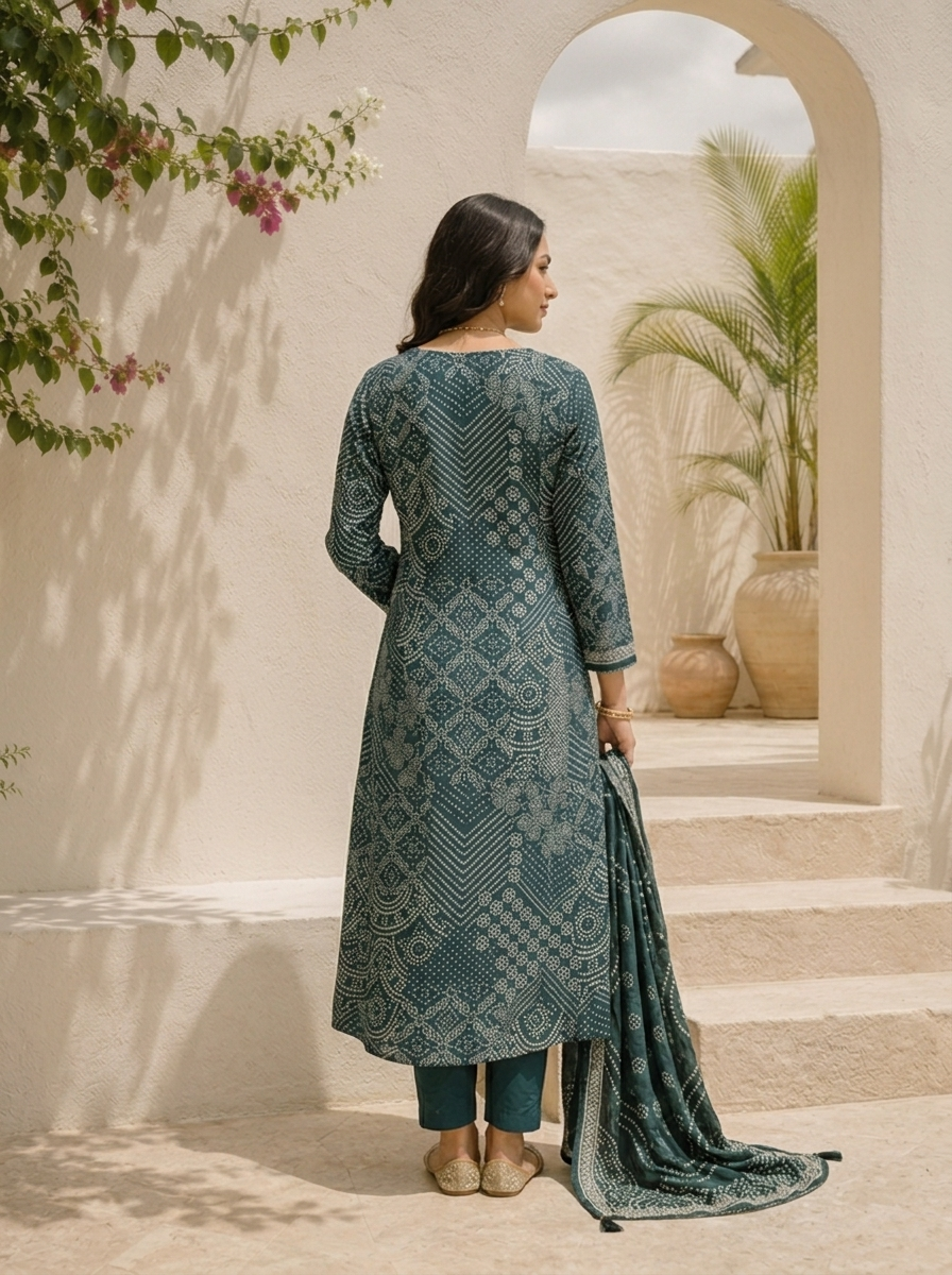 Bottle Green Chinon Bandhani Printed Three Piece Set
