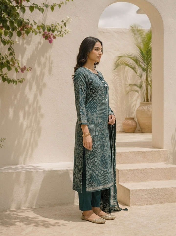 Bottle Green Chinon Bandhani Printed Three Piece Set