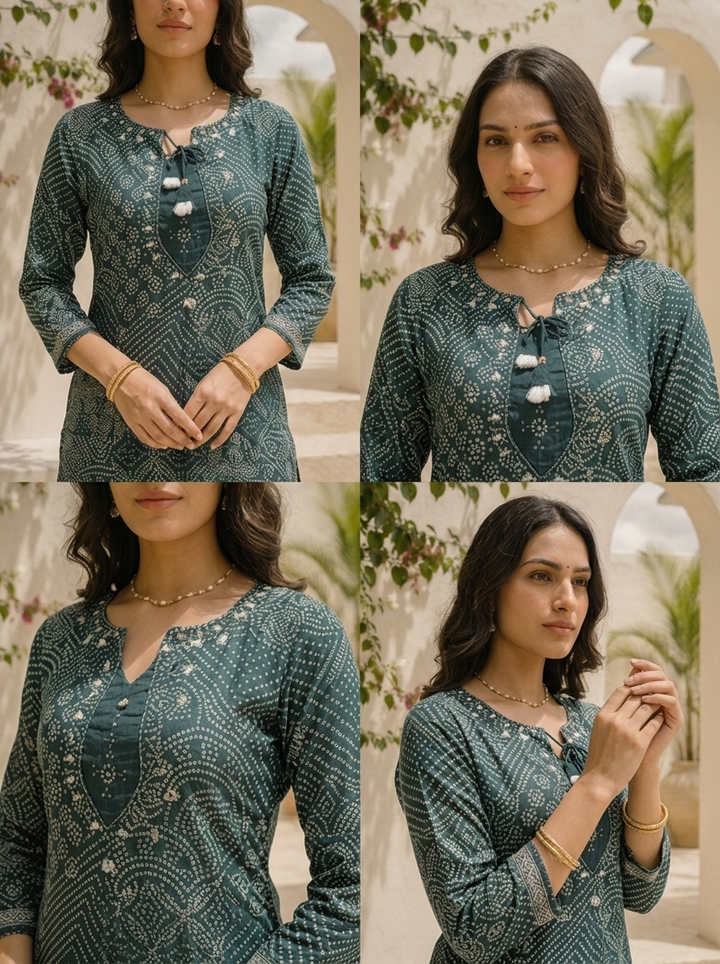 Bottle Green Chinon Bandhani Printed Three Piece Set