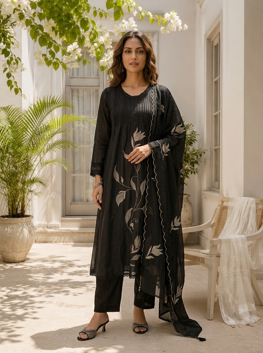 Black Chanderi Floral Thread Embroidered Three Piece Set