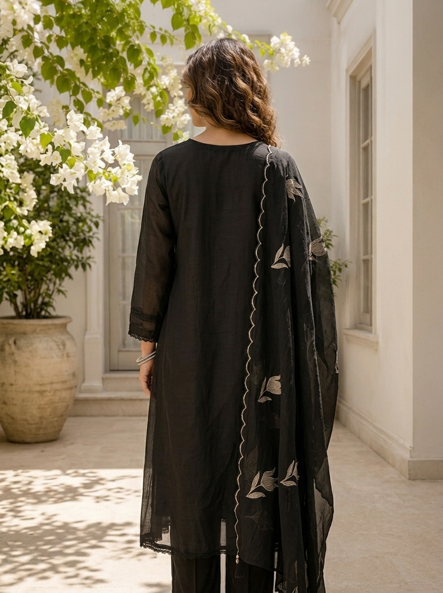 Black Chanderi Floral Thread Embroidered Three Piece Set