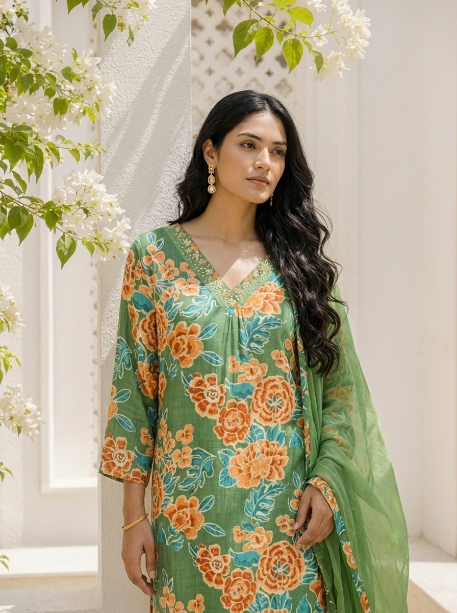 Green Muslin Botanical Printed Three Piece Set