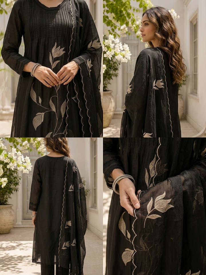 Black Chanderi Floral Thread Embroidered Three Piece Set