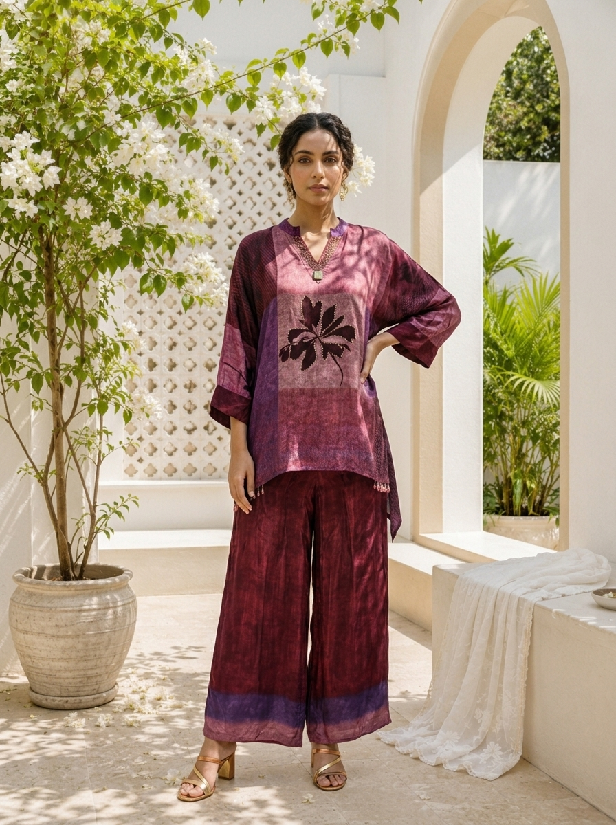 Wine Crepe Abstract Color Block And Leaf Motif Printed Two Piece Set