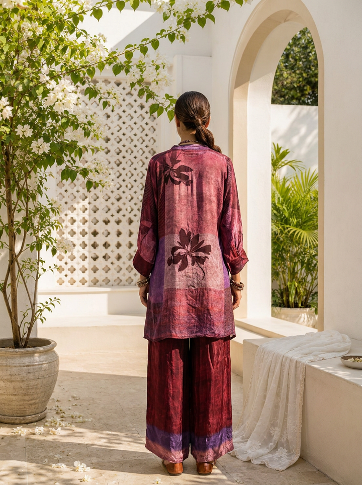 Wine Crepe Abstract Color Block And Leaf Motif Printed Two Piece Set