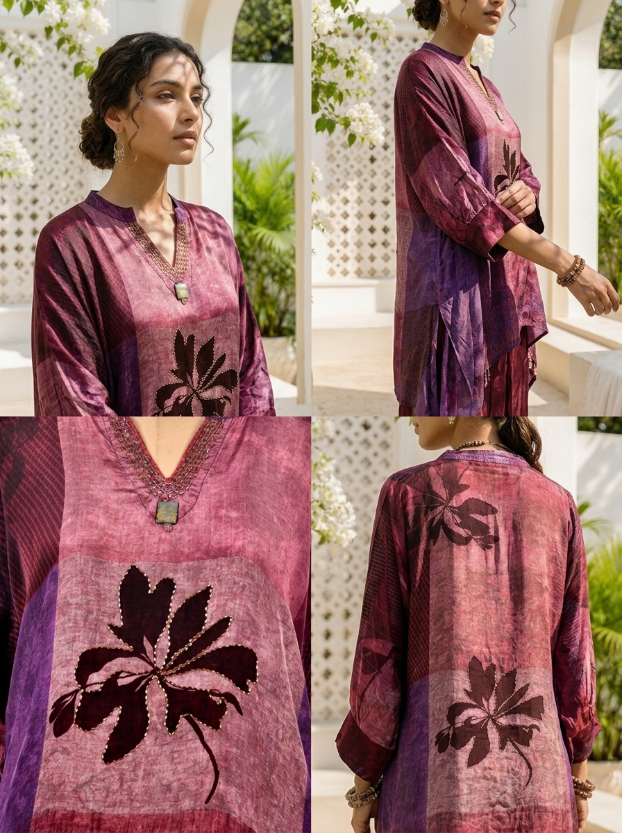 Wine Crepe Abstract Color Block And Leaf Motif Printed Two Piece Set