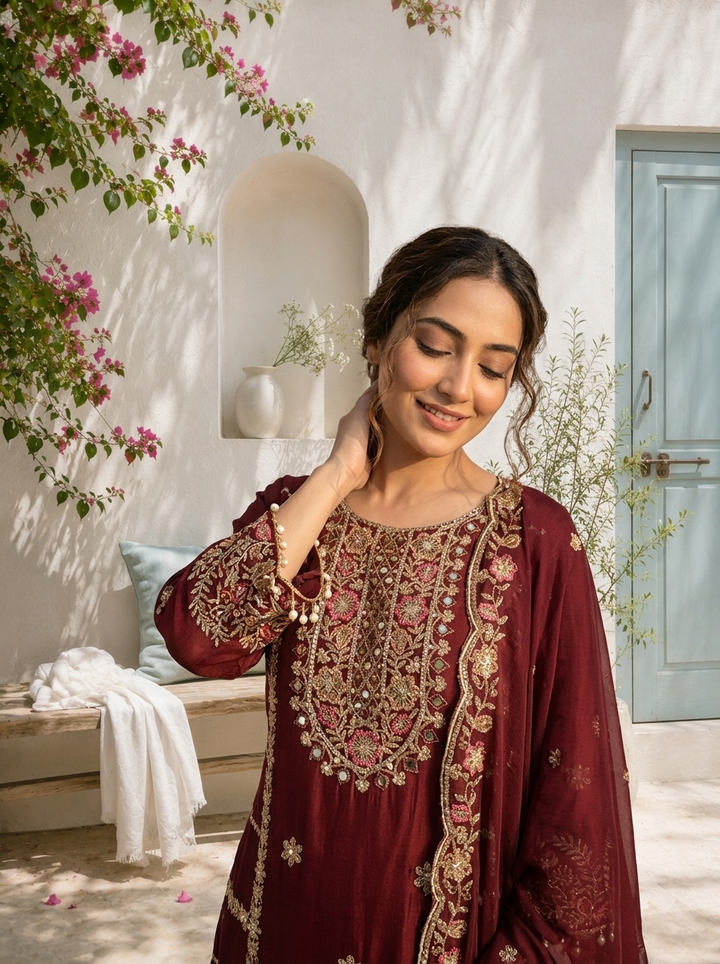 Brown Chinon Zari Embroidered Three Piece Set