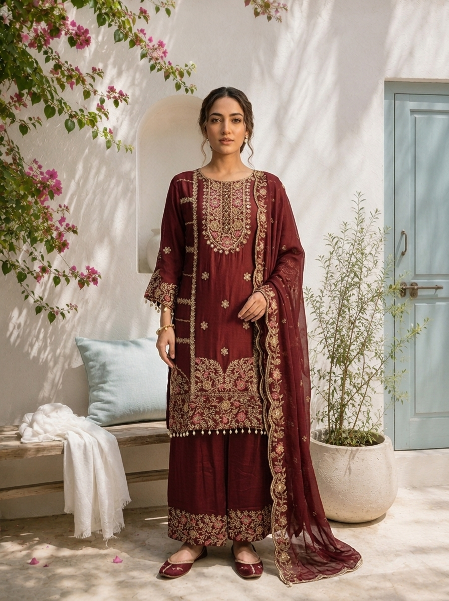 Brown Chinon Zari Embroidered Three Piece Set