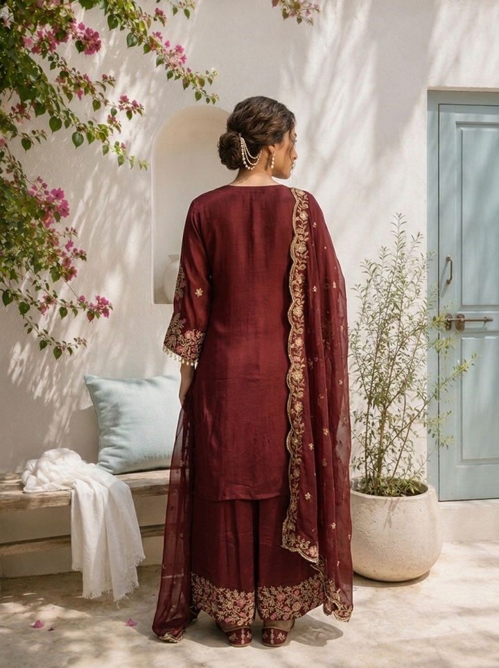 Brown Chinon Zari Embroidered Three Piece Set